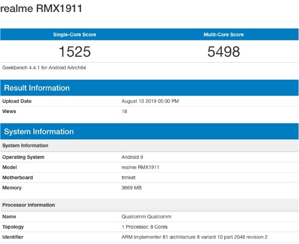Realme 5 Geekbench Info Mengungkapkan Snapdragon 665 SoC dan 4 GB RAM 1