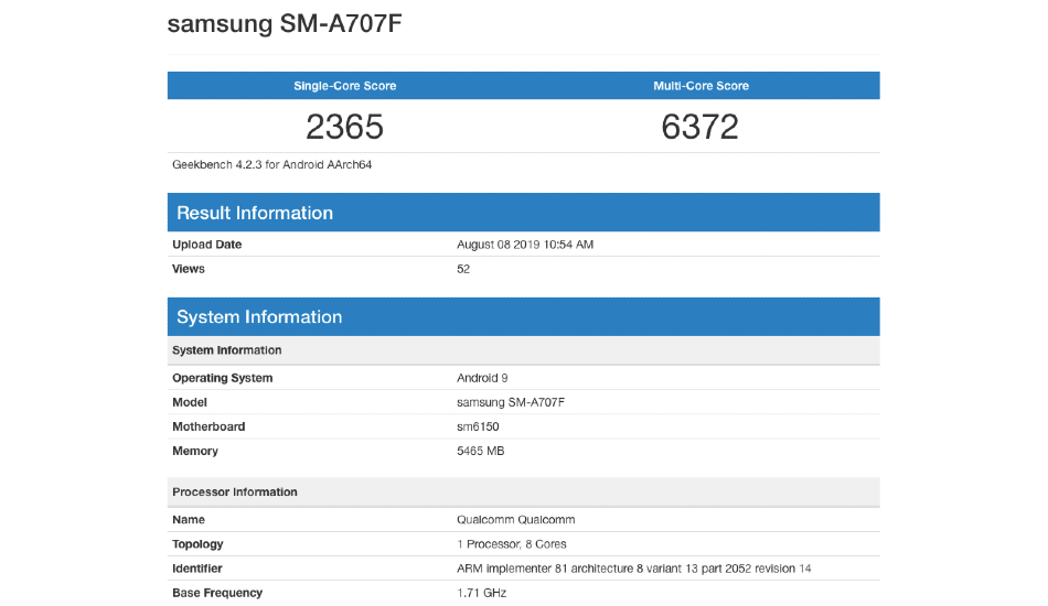 Samsung Galaxy A70s Geekbench
