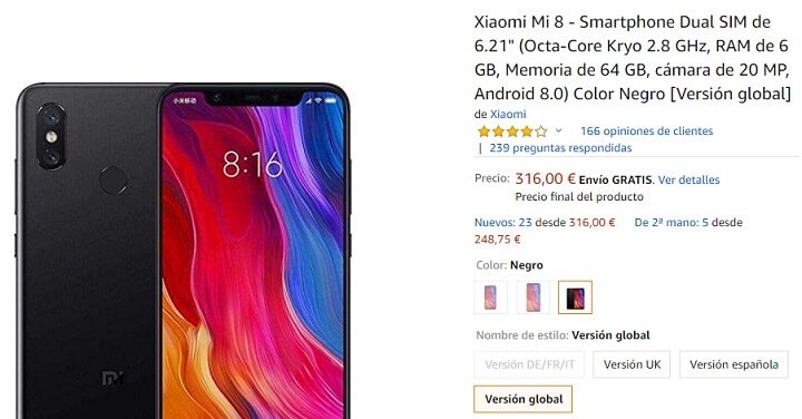 Bild - Erbjudande: Xiaomi Mi 8 till ett pris av endast 316 euro Amazon