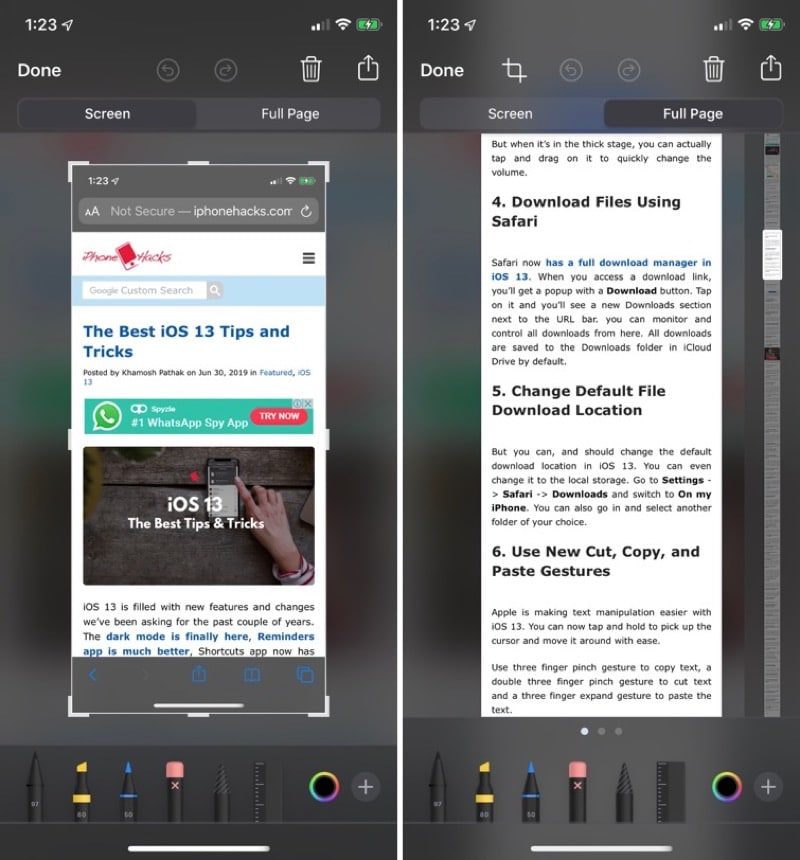 iOS 13: Hur man tar skärmbild på helskärm på en webbplats i Safari på iPhone 1
