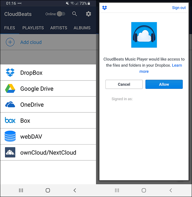 Aplikasi Cloudbeats Android menampilkan Opsi Autentikasi Dropbox