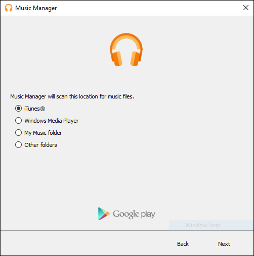 Layar Pengaturan Pra-Pemindaian Google Play Music Manager