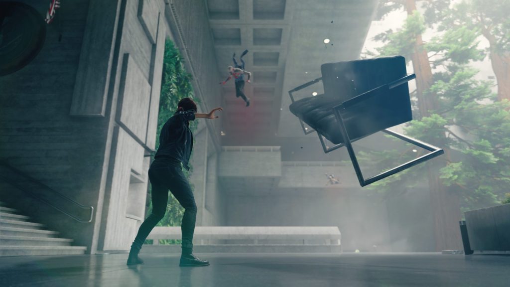 Foto menunjukkan protagonis permainan, Jesse, menggunakan kekuatan telepati untuk melayang benda dan menyerang musuh.