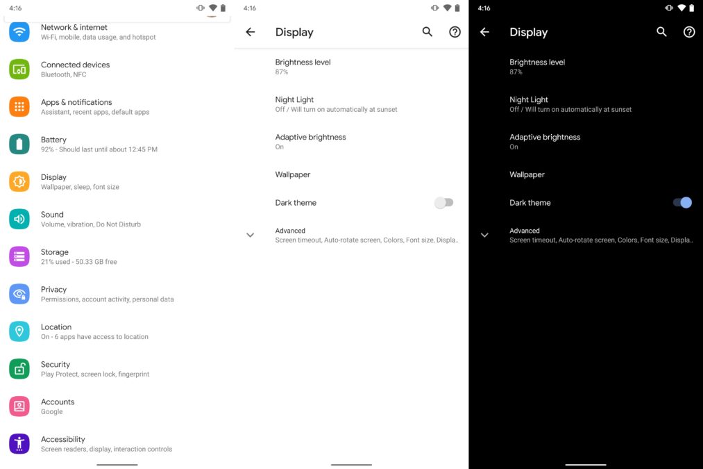 Android 10-skärmbild för mörkt läge