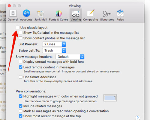 Ändra layouten för Mac Mail-applikationen