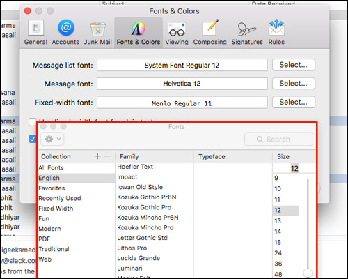 Anpassa typsnittet för meddelandelistan i Mac Mail-applikationen