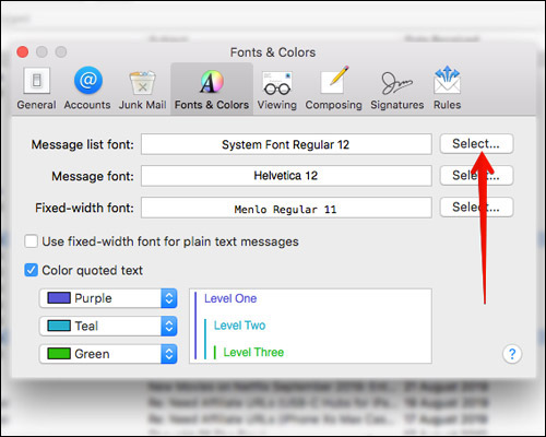 Välj Om du vill ändra typsnitt för meddelandelistan i Mac Mail-applikationen