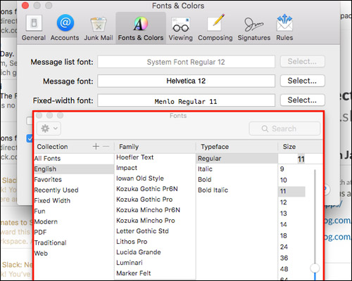 Anpassa textmeddelandeteckensnitt i Mac Mail-appen