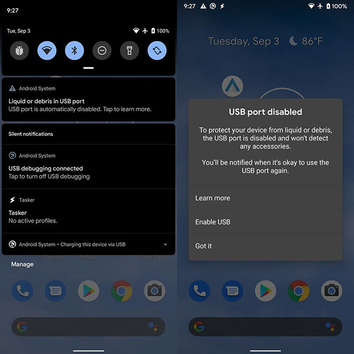 Android 10-meddelande smutsig eller het USB-port 