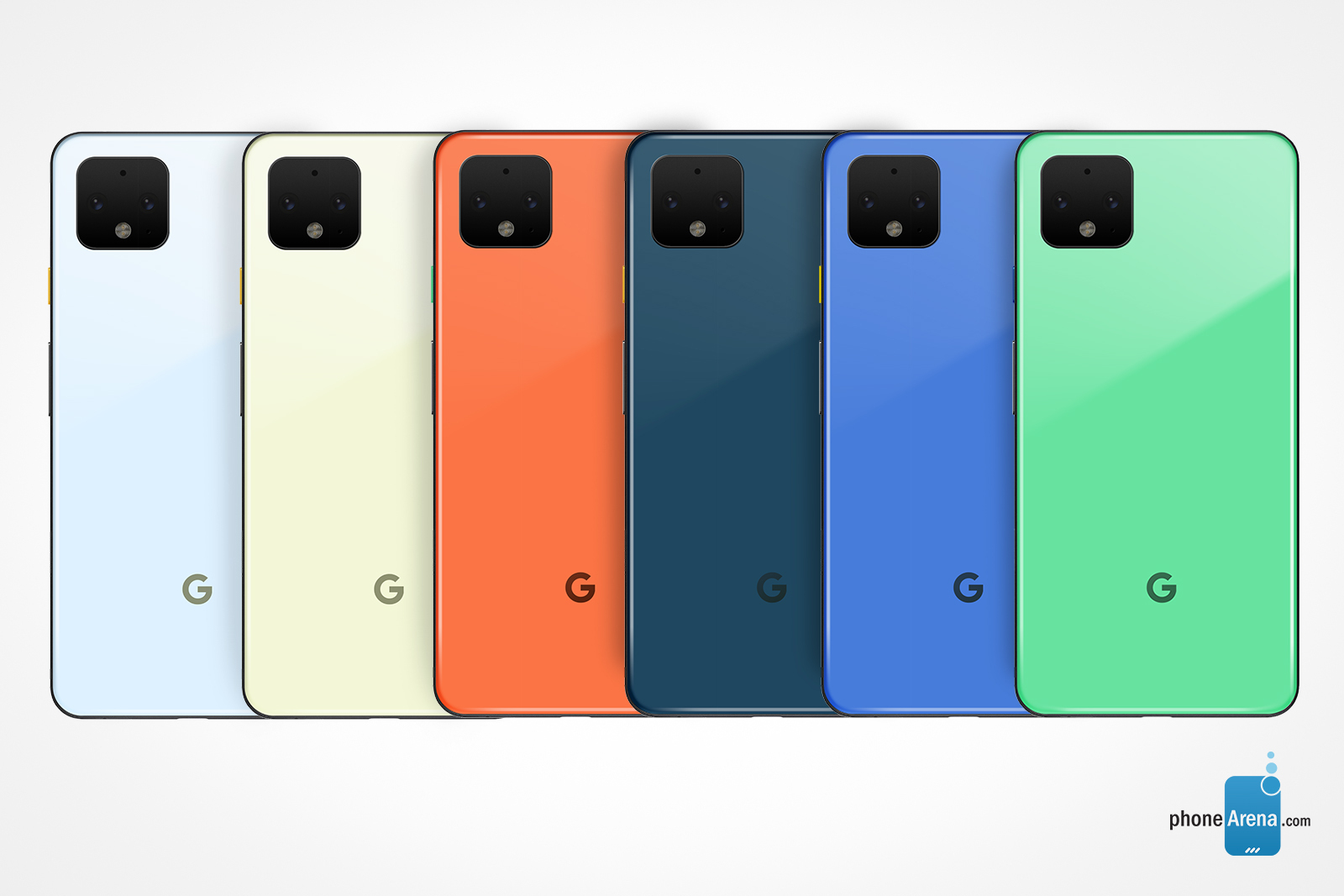 Konsep desain Google Pixel 4 di Androdid Green, Biru, Biru Tua, Oranye, Chartreuse, dan Pattens Blue - Pilihan warna Pixel 4 baru berdasarkan palet refresh Android 10 yang dibayangkan dalam pembuatan konsep