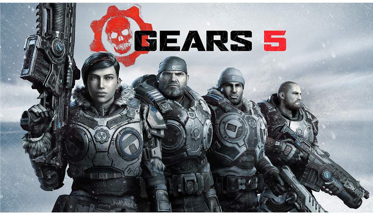 Gambar promosi untuk Gears 5 menampilkan pasukan di depan latar belakang bersalju