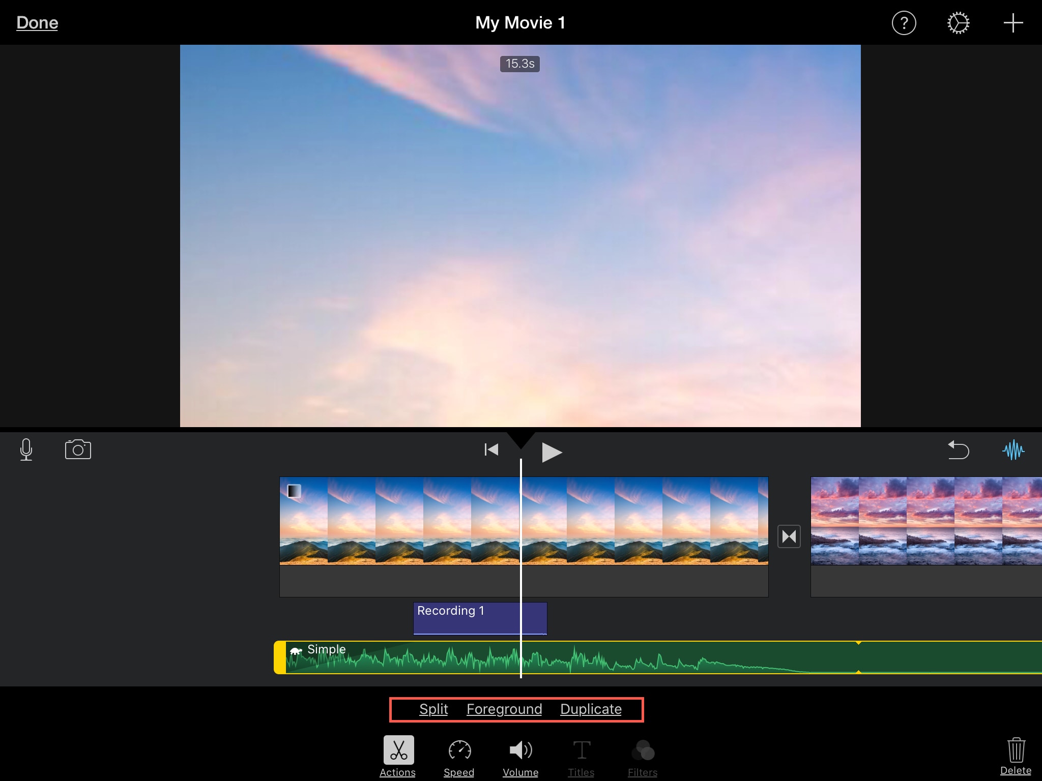 Split Foreground Duplicate Audio Clip iMovie iPad