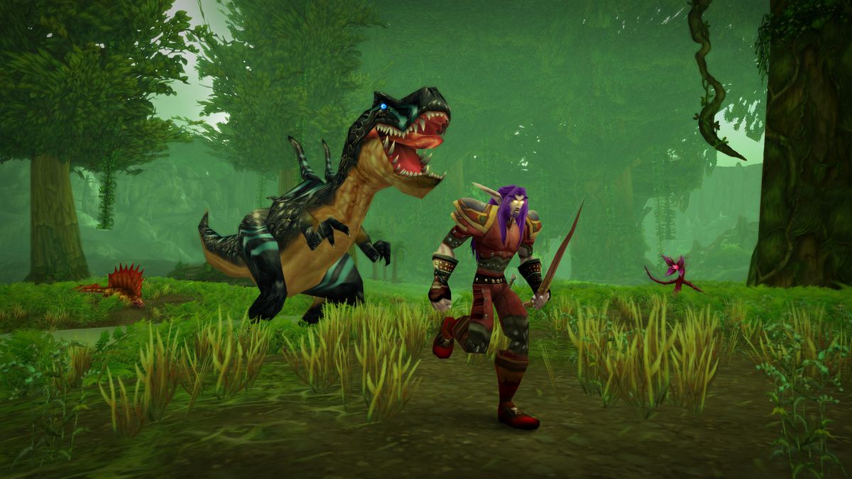 karakter berjalan dari T. rex kecil di World of Warcraft Classic