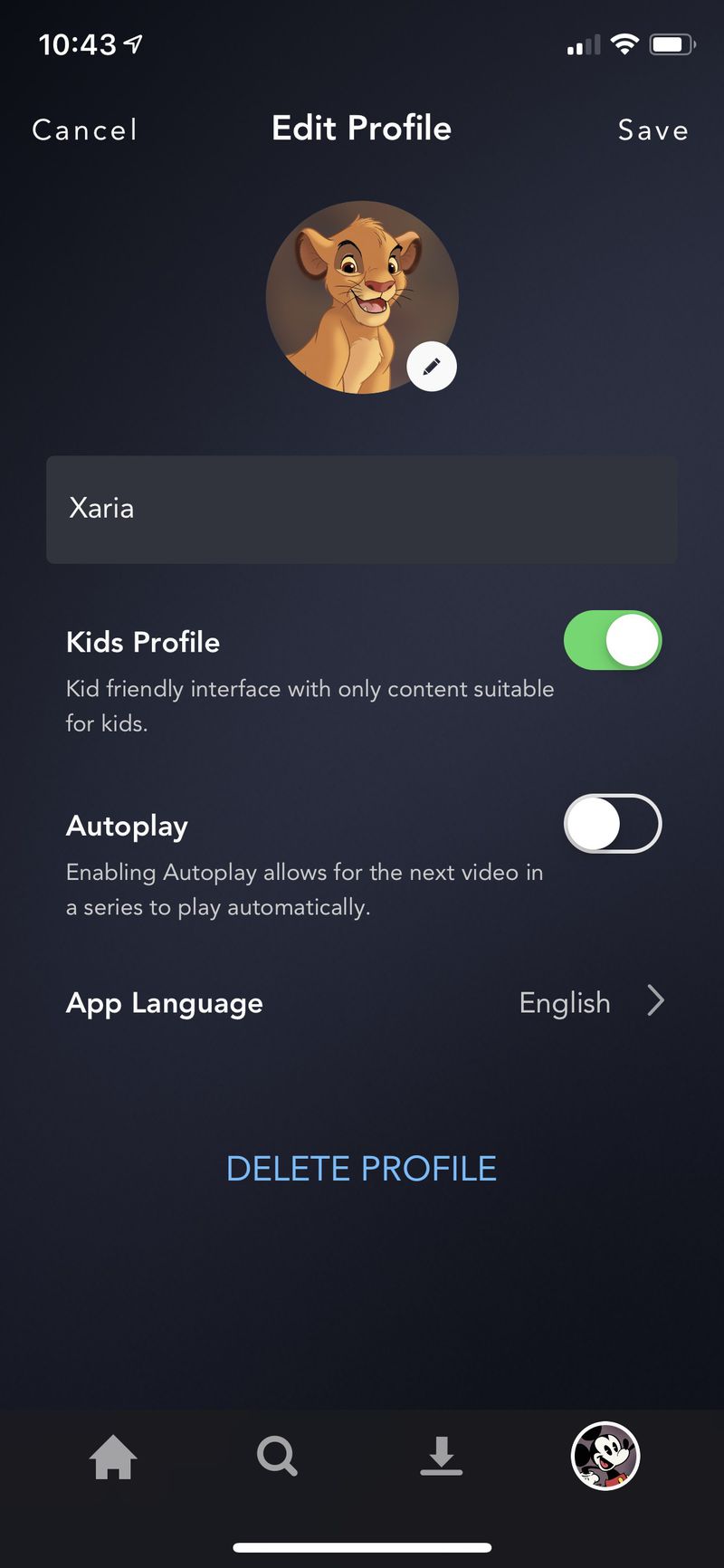 Profil för barn som ställer in Disney Plus Android-applikation