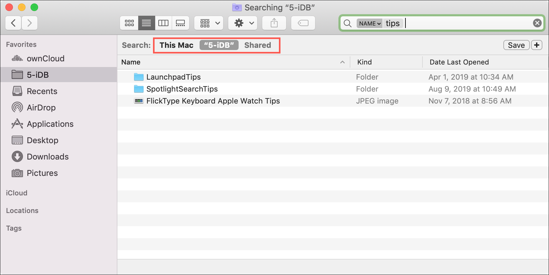 Opsi pencarian Mac Finder