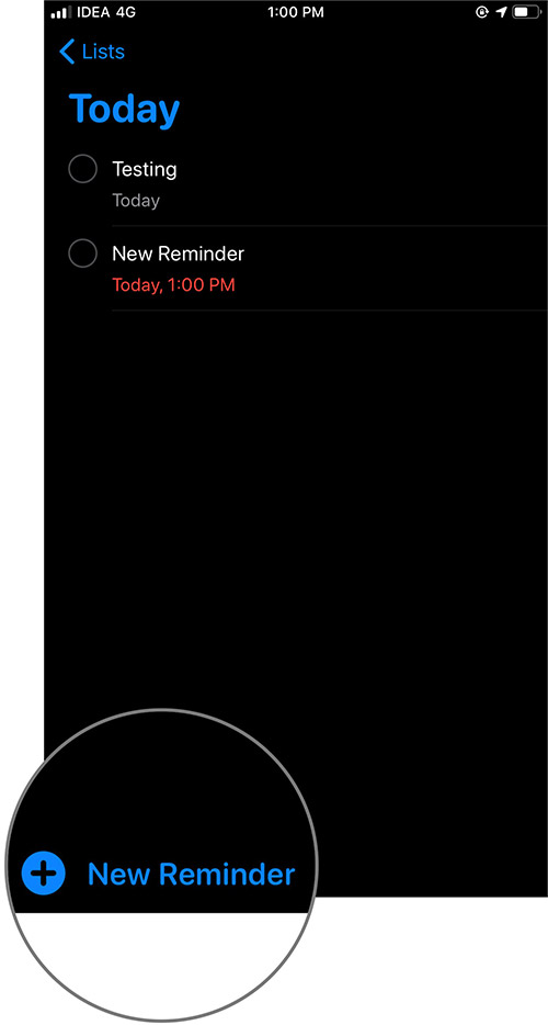Ketuk Pengingat Baru di iOS 13 Aplikasi Pengingat di iPhone