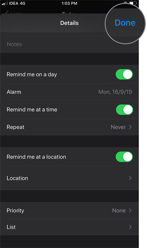 Ketuk Selesai untuk Menyimpan Pengingat Baru di Aplikasi Pengingat iOS 13 di iPhone
