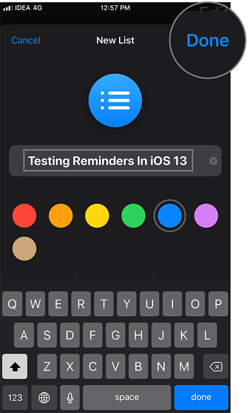 Beri Nama dan Ketuk Selesai untuk Membuat Daftar di Aplikasi Pengingat iOS 13