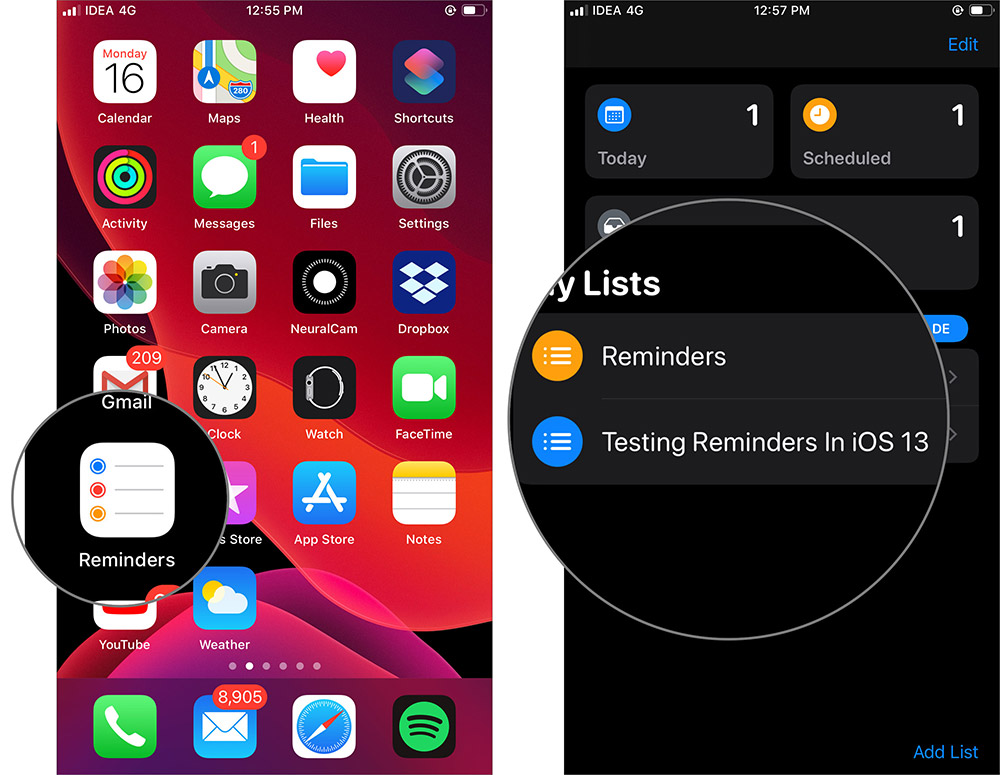 Pilih Daftar di Aplikasi Pengingat iOS 13 di iPhone