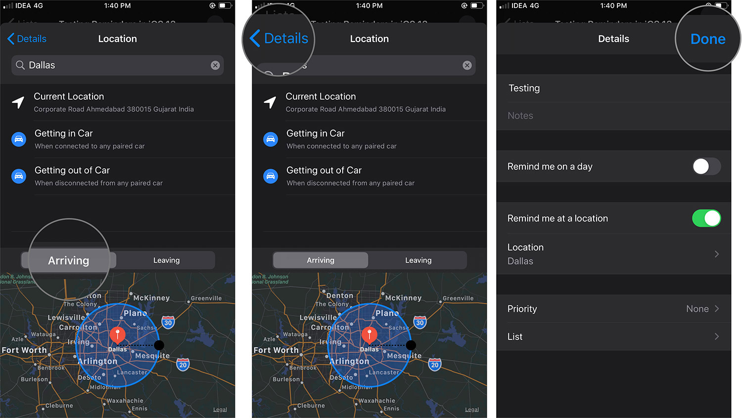 Masukkan Detail Lokasi dan Ketuk Selesai di Aplikasi Pengingat di iOS 13