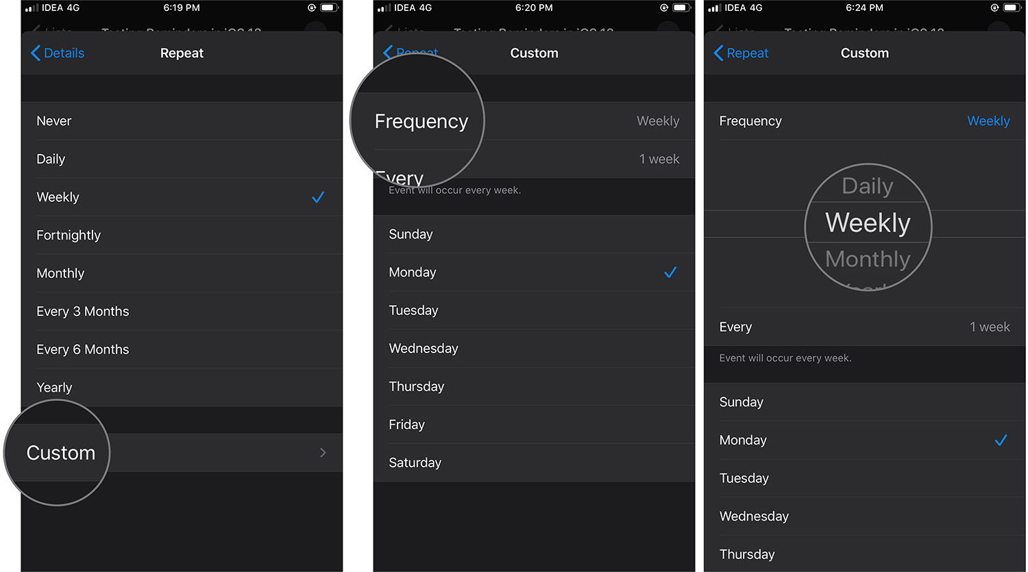 Ketuk pada Kustom untuk Mengkustomisasi Pengingat Ulang di iOS 13