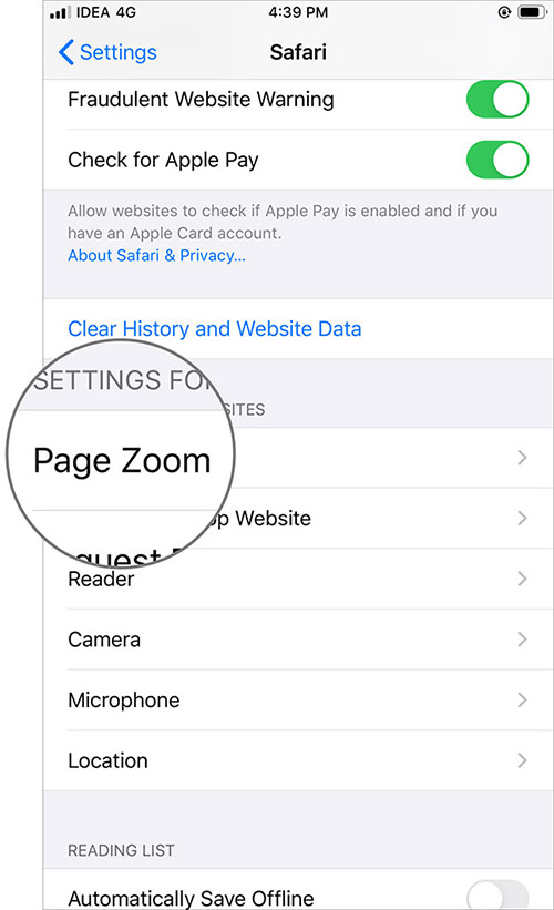 Pilih Pengaturan untuk Situs Web dan Ketuk pada Zoom Halaman di Aplikasi Safari iOS 13
