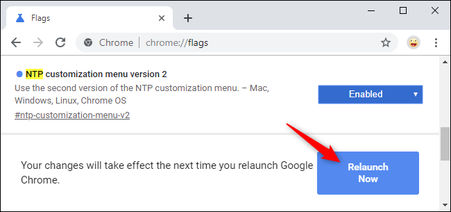 Starta om Chrome efter att ha aktiverat den nya NTP-anpassningsmenyn.
