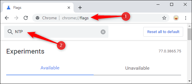 Leta efter NTP-flaggan på Chrome Flag-sidan.