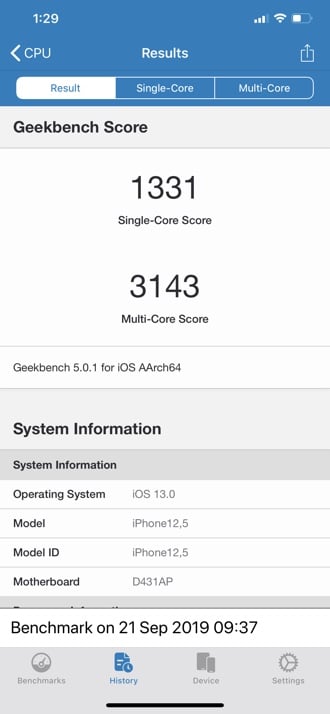 iPhone 11 Pro Max Geekbench 5 - Enskärms- och flerkärniga poäng