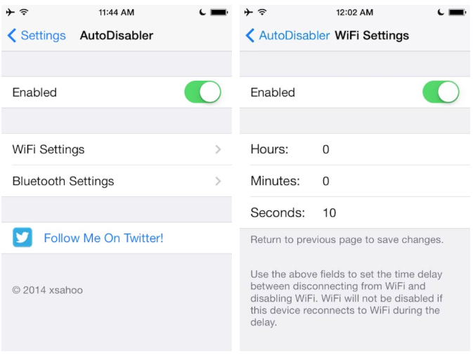 AutoDisabler, justera för att inaktivera WiFi och Bluetooth automatiskt på iPhone 3