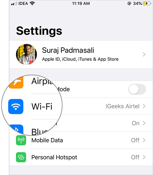 Klicka på WiFi i iOS 13-inställningar