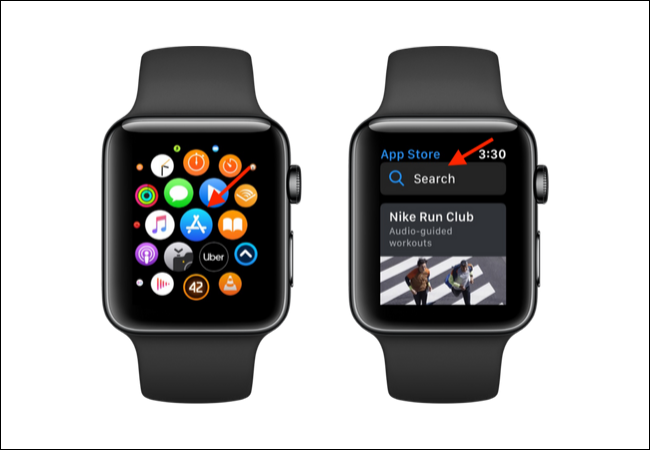 Öppna App Store på Apple Watch och tryck på Sök