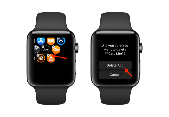 Tryck på X-knappen och sedan på Delete-knappen för att ta bort Apple Watch-applikationen