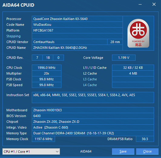 AIDA64 dengan Zhaoxin 0 CPU