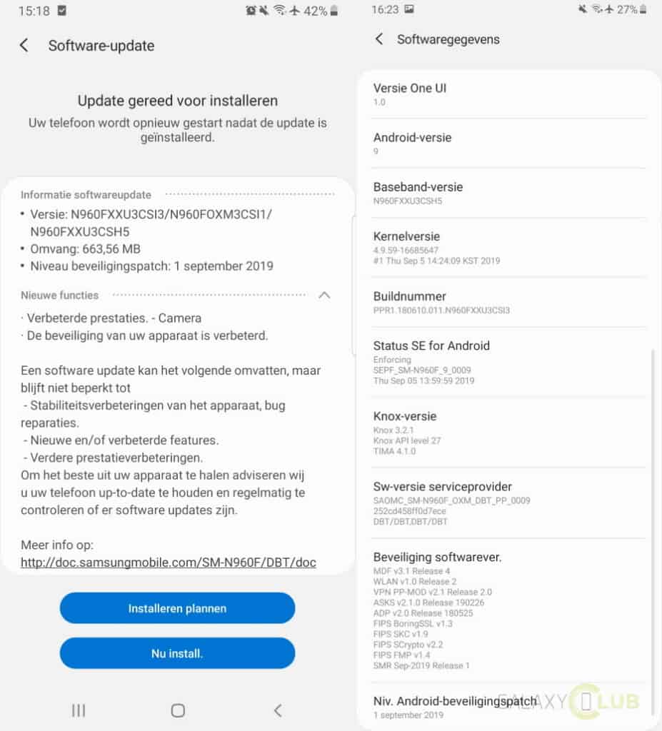 Uppdatering av Galaxy Note 9 september 2019 Changelog N960fxxu3csi3