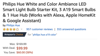 Kit starter Philips Hue White dan Color Ambiance dengan hub dan tiga bola lampu hingga $ 100 (diskon $ 60) 1