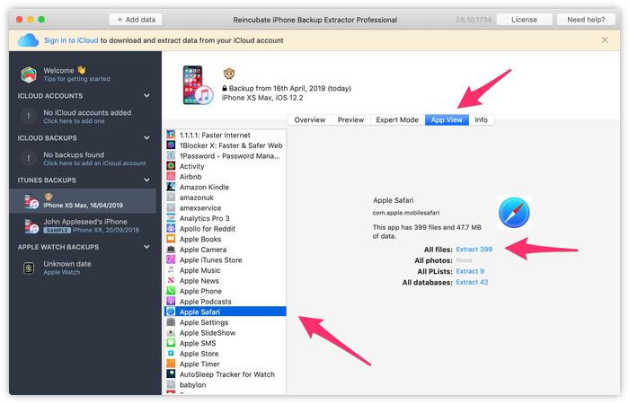 Memeriksa data Safari dengan iPhone Backup Extractor