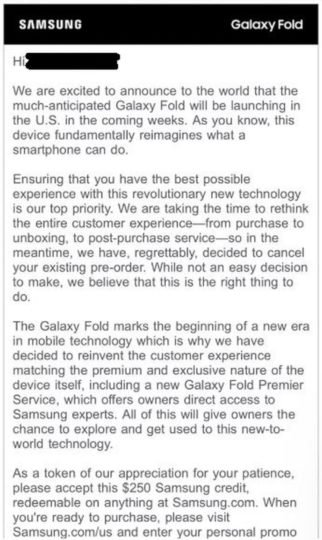 Samsung US membatalkan asli Galaxy Fold pre-order, menawarkan kredit $ 250