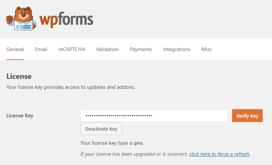 Memasukkan kunci lisensi Anda untuk WPForms