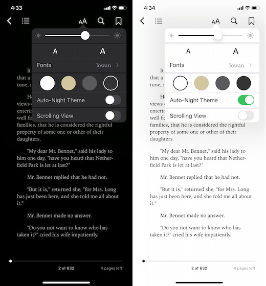Växla mellan mörka och ljusa teman i Apple-böcker på iPhone och iPad