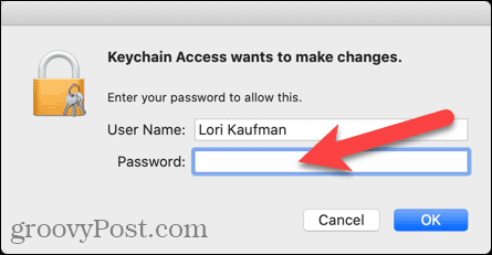 Ange ditt användarnamn och lösenord för Access Keychain
