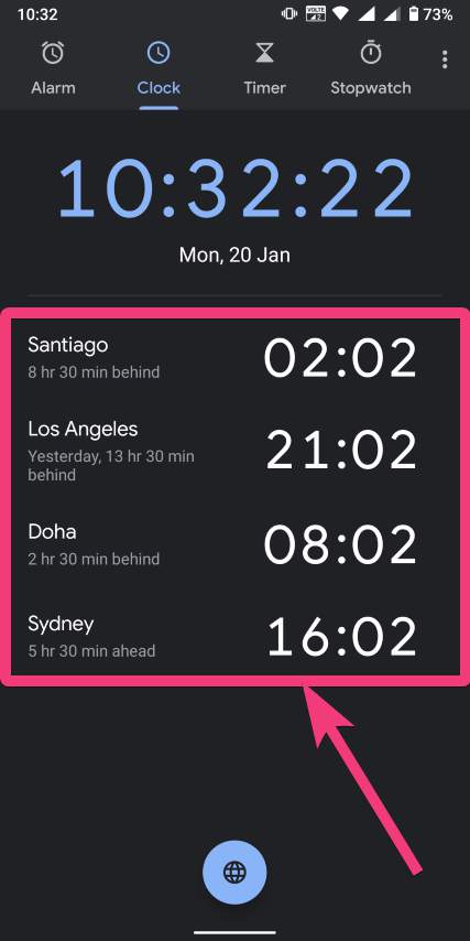Jam dan zona waktu berbeda dari negara yang berbeda akan muncul di Android jam