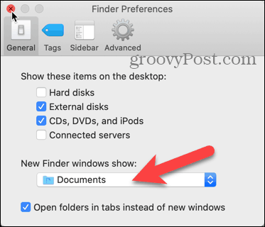 Klik Pencari Baru windows tampilkan daftar drop-down di Preferensi Finder di Mac Anda