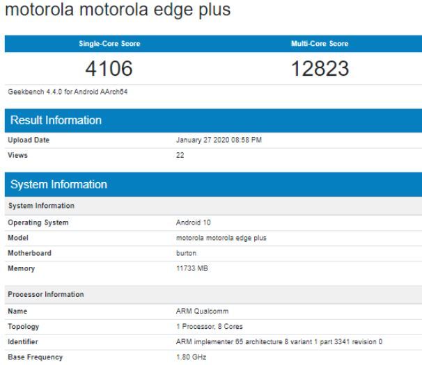 Motorola Edge + med Snapdragon 865 SoC och 12 GB RAM ses i Geekbench 2