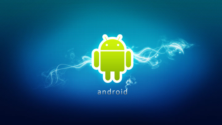 Android-logotyp med en blå och blixtbakgrund 