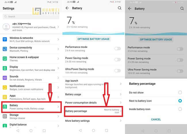 Cara menampilkan Persentase Baterai di Bilah Status pada Huawei, perangkat Kehormatan 1