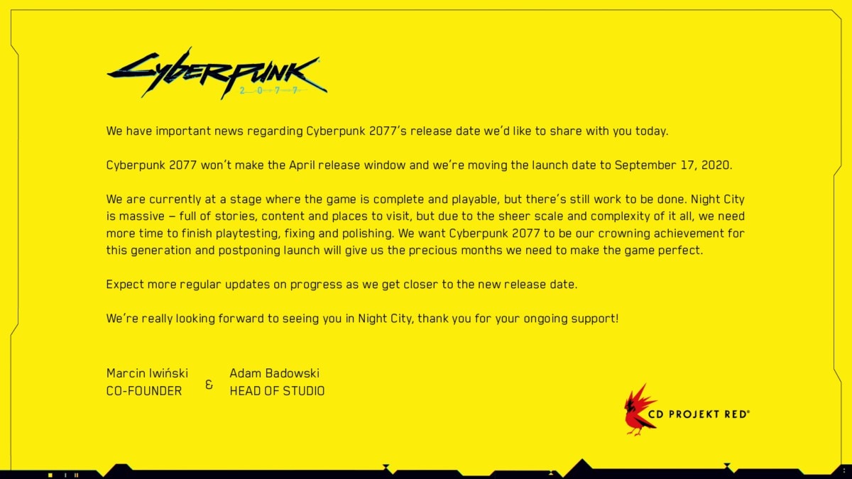 Cyberpunk 2077 Delayed by CD Projekt Red, Slated to Release on September 17 Now