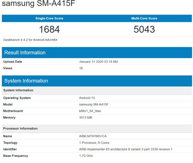 Samsung Galaxy A41 akan ditenagai oleh prosesor MediaTek Helio P65