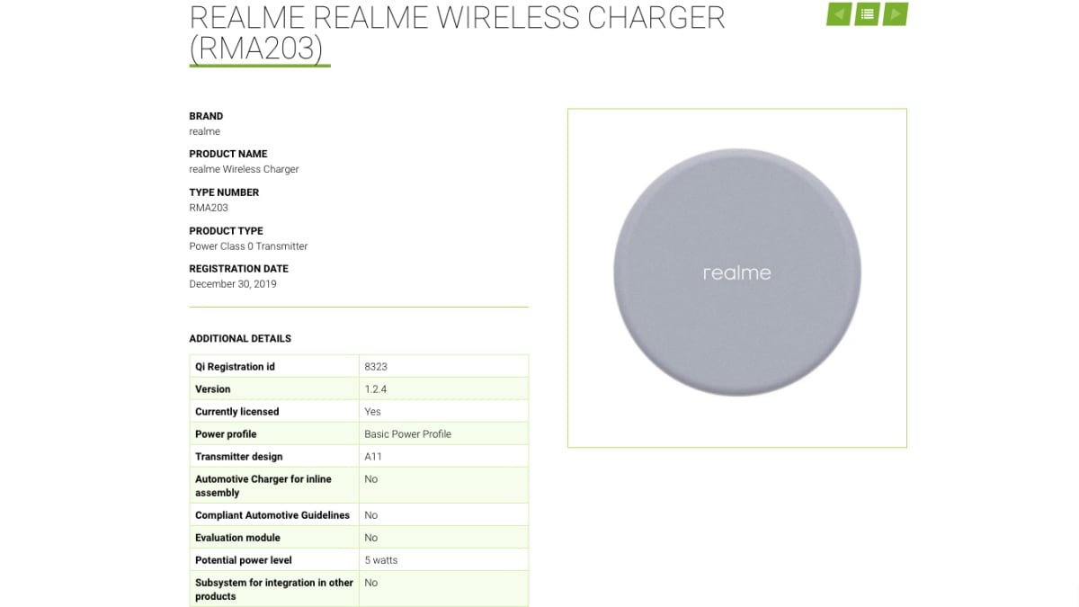 Realme Wireless Charger With 5W Charging Speed Spotted Online, Expected to Launch Soon