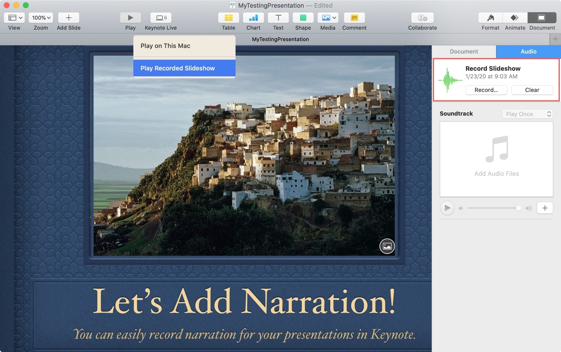 Mainkan Pertunjukan Slide Perekaman Keynote Mac
